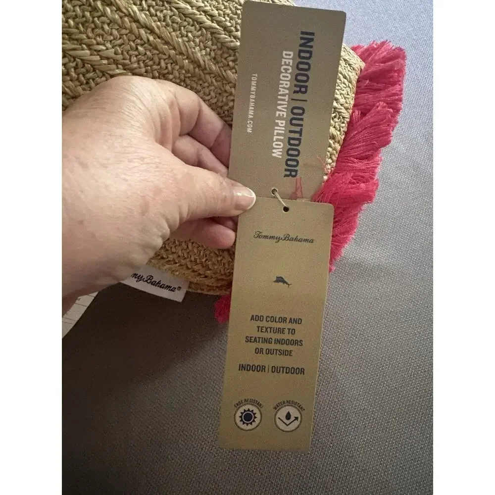 Tommy Bahama Indoor/Outdoor Straw Bolster Pillows Pink Fringe NWT 20”X 7”
